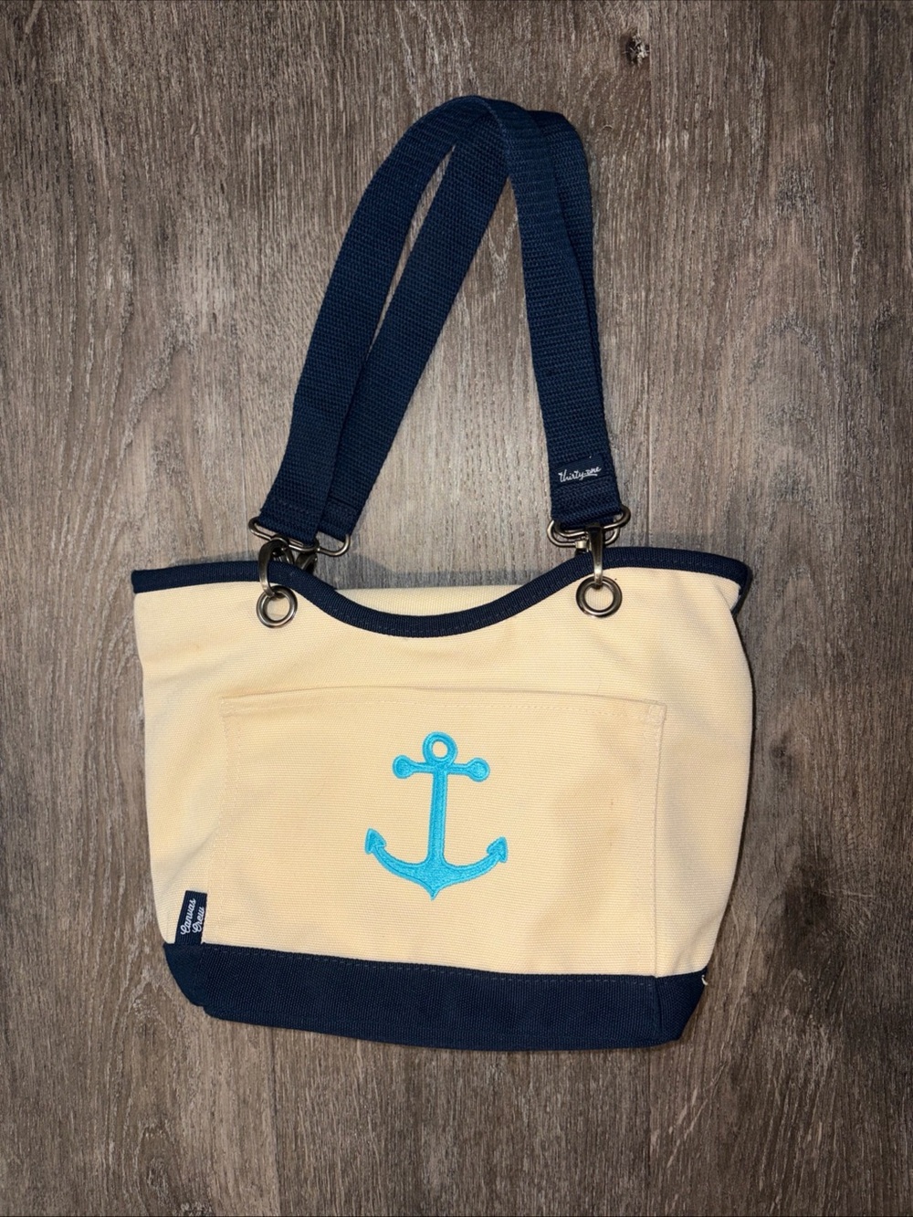 Thirty-One Retired Canvas Crew Mini Thermal Bag Natural Navy Anchor Embroidered